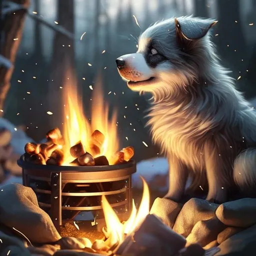 Prompt: Adorable puppy roasting marshmallows at a campfire, cozy and warm lighting, realistic digital painting, fluffy fur with cute reflections, detailed eyes, outdoor setting, campfire glow, high quality, realistic, cozy atmosphere, warm lighting, detailed fur, cute scene, evening setting, adorable, professional, atmospheric lighting