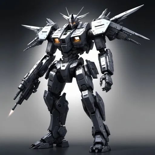 Prompt: HD 4k clear Armored Core last raven Mecha Fantasy Superhero art of mechanical armor futuristic sleek crown shaped head, angular chest, right arm massive and powerful, left arm holding blaster, rocket legs showing data and statistics
