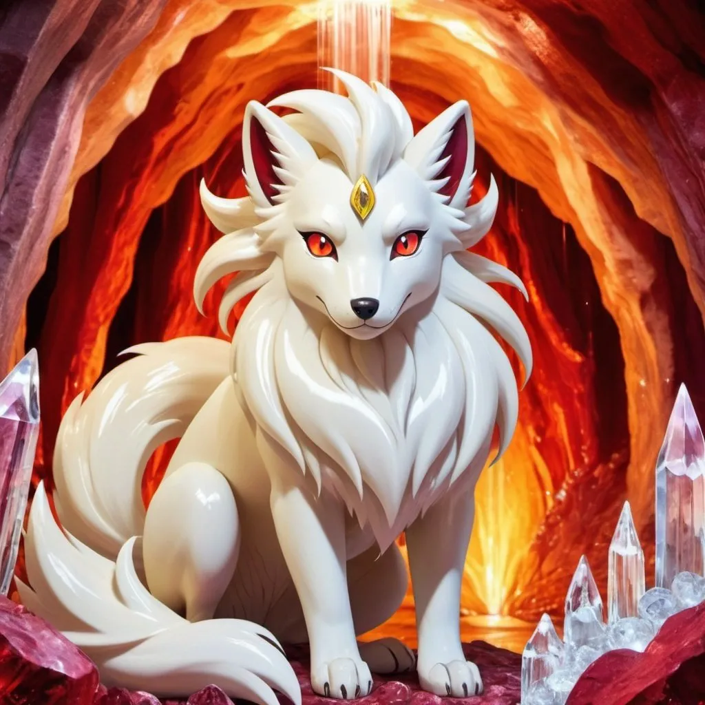 Prompt: portrait of a beautiful Ninetales, with glistening gold fur and deep crimson eyes, in a crystal cave with a crystal waterfall in the background, gorgeous, warm, stunning, pokemon Ninetales,fire fox realy detailed
