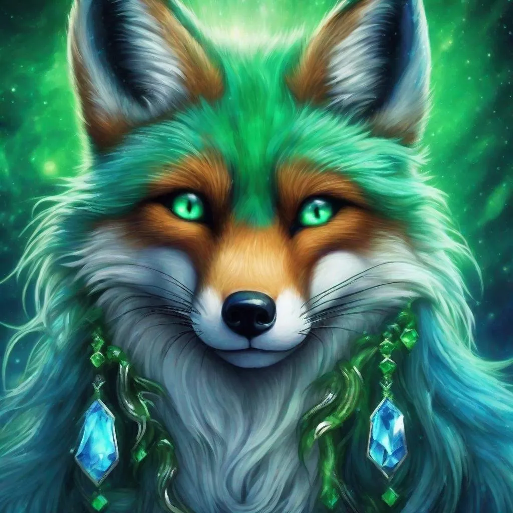 Prompt: blue and green fox with emerald gems around it green  gems around) northern lights in the sky detailed hyper realistic the green and blue fox is fluffy and fierce(lots of green like emerald gems in the sky around the fox but you can still see the wolf don't cover the fox with gems northern lights in the sky  make sure you can also see the northern light