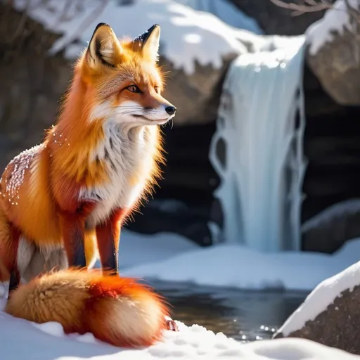 Prompt: red and orang fluffy fox in the snow at a waterfall with crystals around it good lighting detailed