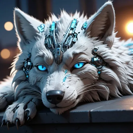 Prompt: Highly detailed wolfpunk scene cub sleeping, hyper-realistic 4K rendering, volumetric lighting, HD quality, futuristic cityscape backdrop, mechanical feline with intricate joints and circuit patterns, cool-toned futuristic atmosphere, detailed fur with lifelike textures, cyberpunk aesthetic, ultra-detailed, volumetric lighting, professional rendering, HD, 4K blue eyes sleeping fluffy and sun set in the sky