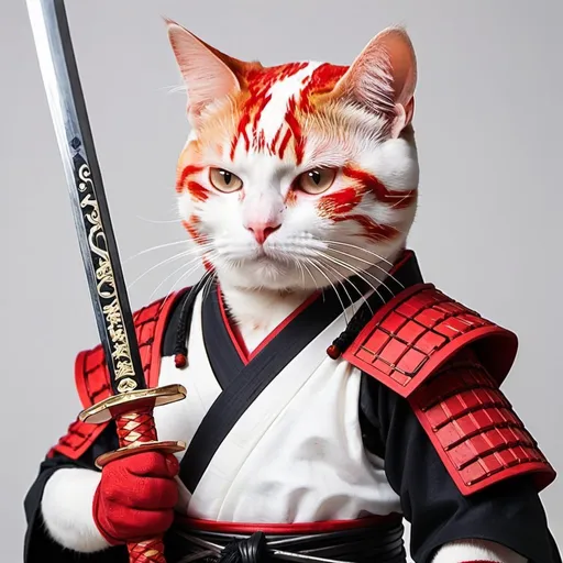 Prompt: A red and white cat wearing a black samurai outfit. Has a scar on face. Anime style, holding sword at the hilt hyper realistic
