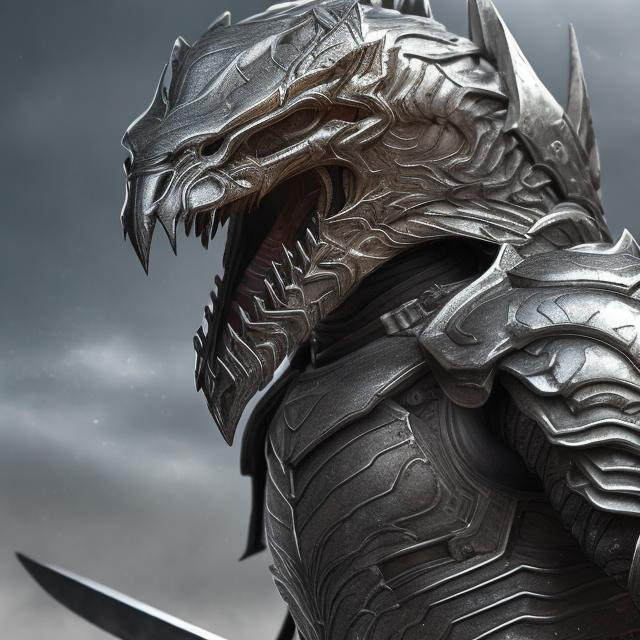 Prompt: Warrior snake in detailed gray armor, intense and fierce expression, shimmering metallic texture, high quality, hyper-realistic, fantasy, detailed scales, intricate helmet design, dramatic lighting