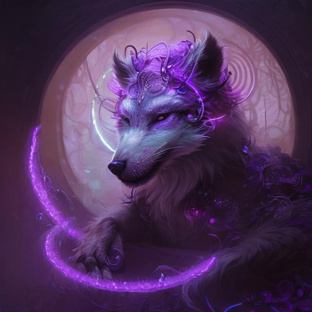 Prompt: Highly detailed realistic depiction of a cute neon wolf, surrounded by flowing circles of purple aura, possessive of moon element, Krenz Cushart, loish, Gaston Bussiere, Craig Mullins, J.C. Leyendecker, Artgerm, magical, fluffy, light, moonlit, neon, purple aura, detailed, realistic, atmospheric lighting, mystical, ethereal, best quality, Krenz Cushart style, neon color palette, moon element