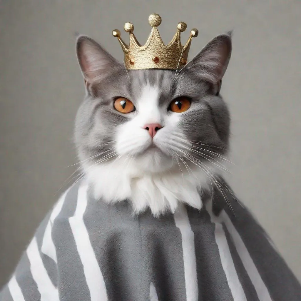 Prompt: a gray cat with whit strips and a crown and a orang cape fake