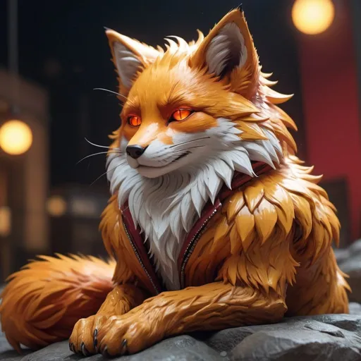 Prompt: Highly detailed foxpunk scene cub sleeping, hyper-realistic 4K rendering, volumetric lighting, HD quality, futuristic cityscape backdrop, mechanical feline with intricate joints and circuit patterns, cool-toned futuristic atmosphere, detailed fur with lifelike textures, cyberpunk aesthetic, ultra-detailed, volumetric lighting, professional rendering, HD, 4K gold eyes sleeping fluffy warrior (foxpunk) with {bright scarlet fur} and {ruby red eyes}, feral foxpunk, kitsune, nine-tailed foxpunk, gorgeous anime portrait, beautiful cartoon, beautiful 8k eyes, elegant {red fur}, four-legged, quadruped, pronounced scar on chest, oil painting, modest, gazing at viewer, fiery red eyes, glistening golden hair, furry golden paws, low angle view, 64k, hyper detailed, expressive, graceful, beautiful, small lithe cat, expansive silky golden mane, shining fur, deep starry sky, UHD background, golden ratio, precise, perfect proportions, vibrant colors, standing majestically on a tall crystal stone, hyper detailed, complementary colors, UHD, HDR, top quality art, beautiful detailed background, unreal 5, artstaion, deviantart, instagram, professional, masterpiece (lots of red gold and orange) also the foxpunk is (hallowing) really really (CUTE) (not too fluffy) (but till fluffy)

