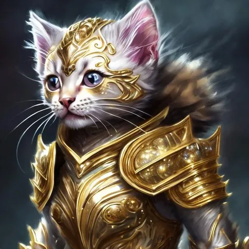 Prompt: Gold warrior kitten in diamond armor, detailed fur with golden reflections, fierce and confident expression, high-res, detailed, realistic, fantasy, warm tones, regal lighting, diamond-encrusted armor, majestic, shimmering, luxurious, fantasy art, feline, warrior, opulent, ornate, confident stance, royal, professional rendering