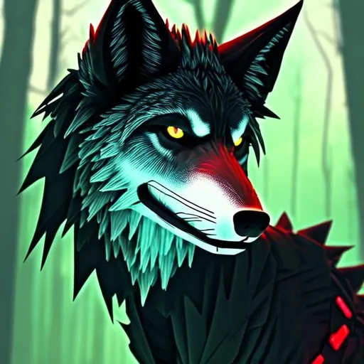 Prompt: sci fi light red wolf with accents of black detailed in a bright green forest good lighting with a black mohawk