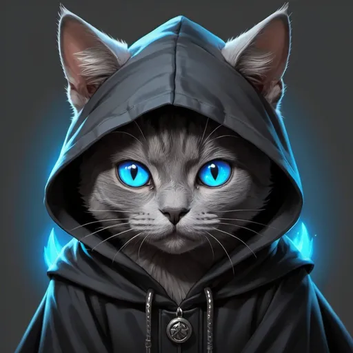 Prompt: gray cat with a black cloak black hood over its head its cat ears are pokeing out of the hood and you can see its glowing blue eyes dragon wings on the gray cat

