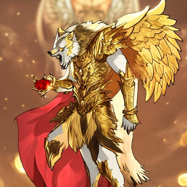 Prompt: a gold wolf with gold hock wings and a glowing red chest and some red on its tale anime boy