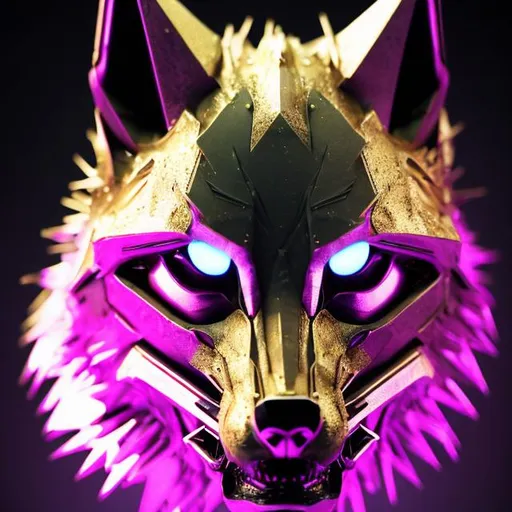 Prompt: Bright gold sci-fi wolf head, metallic textures with light purple accents, futuristic neon background, detailed fur with metallic sheen, intense and focused gaze, high-tech headgear, best quality, highres, ultra-detailed, sci-fi, metallic, bright gold, futuristic, detailed fur, intense gaze, light purple accents, atmospheric lighting