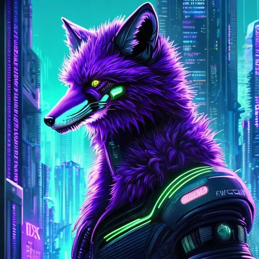 Prompt: High-res, detailed sci-fi illustration of a sleek purple fox, vibrant lime accents, futuristic cyberpunk setting, advanced holographic interface, intricate fur with neon highlights, intense and intelligent gaze, high-tech collar, city lights casting a surreal glow, high-tech, futuristic, cyberpunk, detailed fur, vivid colors, intense gaze, professional, atmospheric lighting
