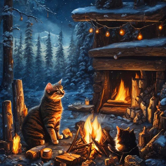 Prompt: Cat enjoying marshmallow by the campfire, realistic oil painting, detailed fur and whiskers, warm and cozy atmosphere, focused eyes, high quality, realistic, detailed, warm tones, atmospheric lighting, outdoor setting, flickering campfire, starry night sky, cozy, traditional art, detailed expression, serene ambiance