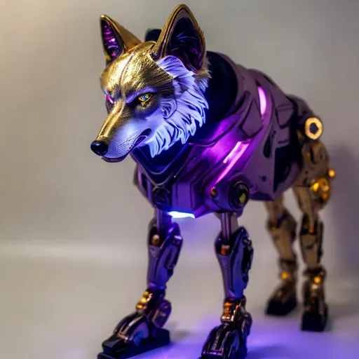 Prompt: gold sci fi wolf with accents of light purple