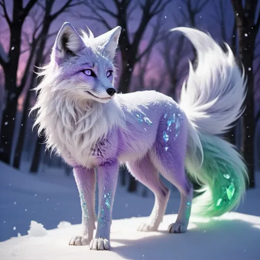 Prompt: ice elemental fox, feral fox, kitsune, nine-tailed fox, snowy lilac fur, bright rainbow green aurora eyes, periwinkle purple ears, frost, falling snow, shattered ice, soft moonlight,stunning youthful vixen, gazing at viewer, gorgeous, muscular forelegs, flowing aurora hair, athletic, agile, small but absurdly powerful, enchanting, timid
