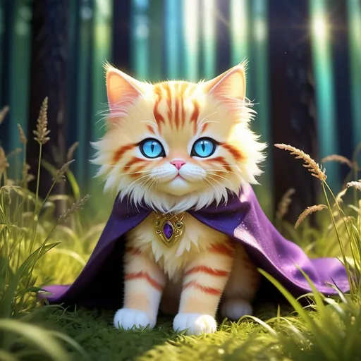 Prompt: bright sun shining, light gold cat in a grass patch in the forest detailed hyper realistic good lighting nice and sunny and shiny, magic theme. magic blue and red particles glowing eyes the cat is light gold with accents of purple .wild cat dragon waring a black cloak warrior siting in hyper realistic fantasy forest future seen with northern lights above the wild cat waring a cloak warrior the wild cat dragon has two dragon wings cute detailed i trust open art to make something good pleas! really really good but can i have two dragon wings
