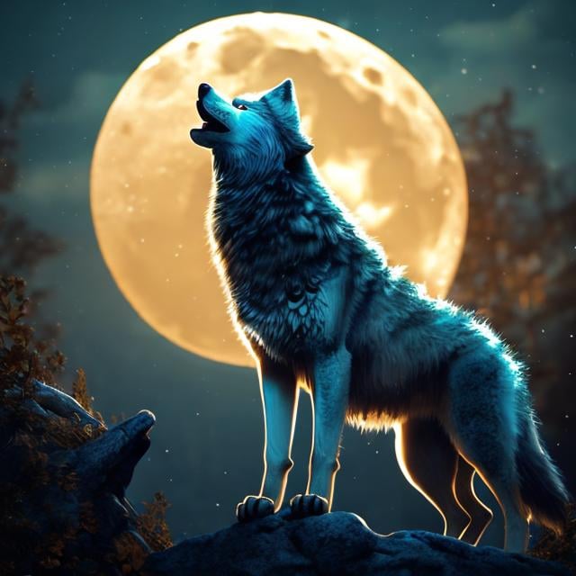 Prompt: wolf cub howling at the moon,with accents of blue shiny golden fur, enchanting moonlight, mystical forest background, high quality, detailed fur, magical, atmospheric lighting, haunting, golden tones, mysterious ambiance, serene