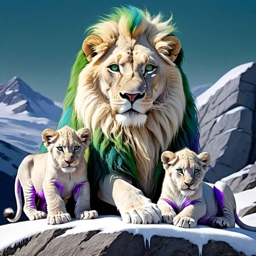 Prompt: white lion with green blue and purple mane and gold eyes the fluff at the end of the lions tail is silver, with its two lion cubs, one lion cub is blue and purple, the other is silver and gold detailed the lions are on a rock surrounded with snow and ice/the artic, make sure the lion and its cubs have the color in the prompt