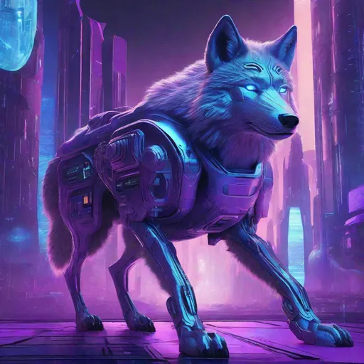 Prompt: Detailed, futuristic sci-fi illustration of a man-baby wolf, shades of purple and light blue, advanced technological surroundings, intense and piercing gaze, high-tech cybernetic enhancements, glowing futuristic cityscape, best quality, highres, ultra-detailed, sci-fi, futuristic, detailed fur, intense gaze, cybernetic enhancements, atmospheric lighting