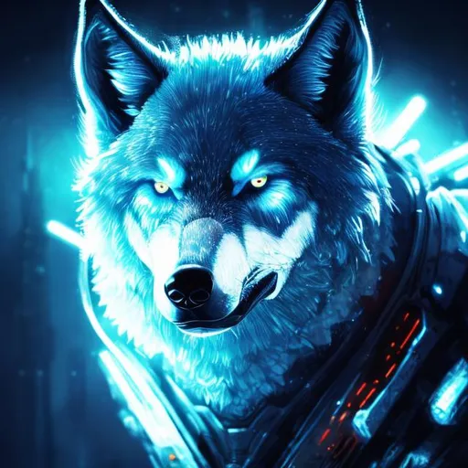 Prompt: High-res, ultra-detailed, sci-fi, wolf with glowing blue accents, futuristic setting, detailed fur with cool reflections, intense and focused gaze, high-tech collar, cool-toned lighting