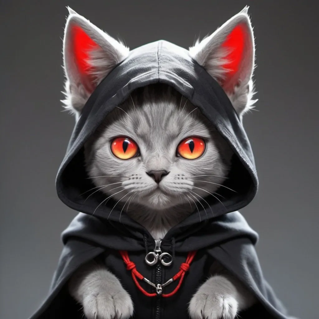 Prompt: silver cat with a black cloak black hood over its head its cat ears are pokeing out of the hood and you can see its glowing red eyes dragon wings on the gray cat older cat not baby and not old its a kid
