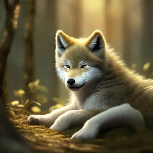 Prompt: Gold wolf cub sleeping in a forest, highly detailed, realistic, warm lighting, delicate fur, golden hues, forest landscape, serene atmosphere, high quality, detailed, realistic, nature, wildlife, gold tones, peaceful