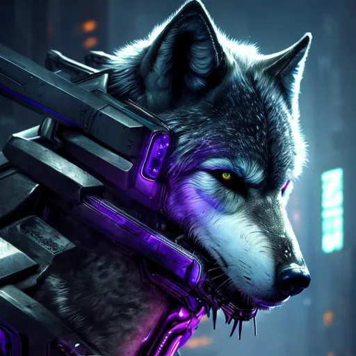 Prompt: High-res, ultra-detailed, futuristic sci-fi illustration of a majestic wolf, sleek metallic fur with subtle purple accents, cybernetic enhancements, intense and intelligent gaze, advanced technology integrated into the environment, cool-toned lighting, cyberpunk, futuristic, detailed eyes, professional, atmospheric lighting
