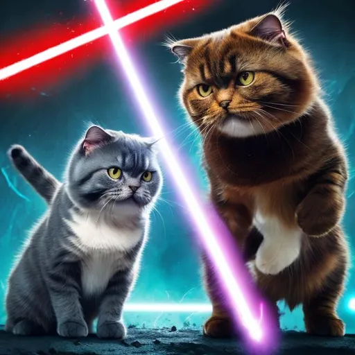 Prompt: Two Scottish Fold cats dueling with lightsabers, intense battle scene, high-contrast lighting, digital illustration, detailed fur, dynamic poses, vibrant colors, energetic, high quality, action-packed, fantasy, sci-fi, intense battle, sleek design, professional, energetic colors, dramatic lighting