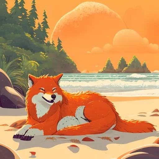 Prompt: Detailed illustration of a serene scene with a red and orange wolf sleeping on the beach, warm sunset lighting, realistic fur textures, high quality, beach landscape, peaceful ambiance, red and orange color palette, detailed fur, realistic, sandy beach, tranquil, serene, sunset lighting, animal, warm tones, detailed illustration