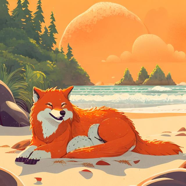 Prompt: Detailed illustration of a serene scene with a red and orange wolf sleeping on the beach, warm sunset lighting, realistic fur textures, high quality, beach landscape, peaceful ambiance, red and orange color palette, detailed fur, realistic, sandy beach, tranquil, serene, sunset lighting, animal, warm tones, detailed illustration