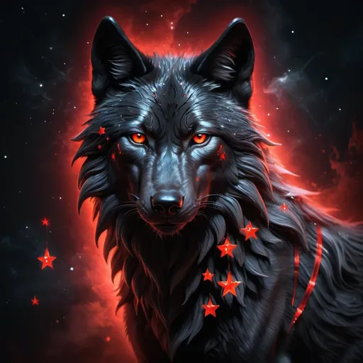 Prompt: Black wolf with glowing red stars, mystical fantasy theme, highres, detailed fur, atmospheric lighting, fantasy, mystical, detailed eyes, sleek design, professional, glowing red stars, cool tones, detailed fur, atmospheric lighting