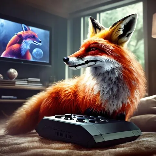 Prompt: Detailed digital rendering of a fox playing video games, high quality, realistic fur textures, vibrant and playful color palette, cozy living room setting, enthusiastic expression, modern video game console, ergonomic controller, warm and inviting lighting, 4k, ultra-detailed, realistic, playful, vibrant colors, cozy atmosphere, detailed fur, modern technology, enthusiastic expression, warm lighting