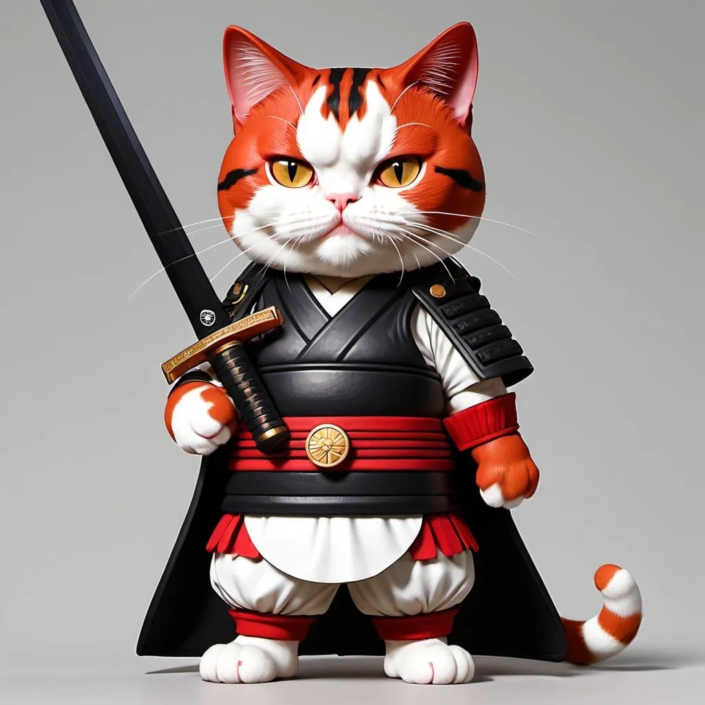 Prompt: A red and white cat wearing a black samurai outfit. Has a scar on face. Anime style, holding sword at the hilt hyper realistic
