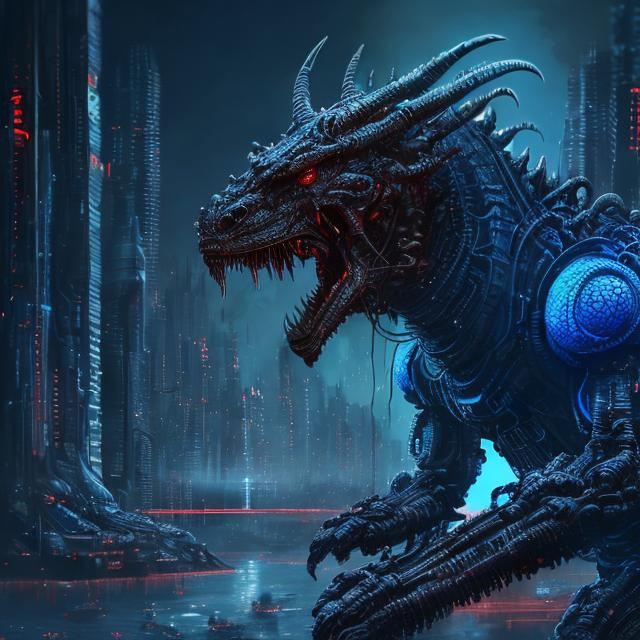 Prompt: Sci-fi dark blue dragon, glowing black accents, detailed scales, high-tech cybernetic elements, menacing and powerful, intense and focused gaze, futuristic cityscape backdrop, best quality, ultra-detailed, sci-fi, cyberpunk, detailed scales, powerful, menacing, futuristic, intense gaze, atmospheric lighting