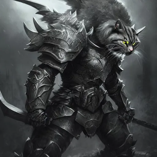 Prompt: Warrior cat in detailed gray armor, fierce battle stance, intense eyes, high-quality digital art, realistic fantasy style, cool tones, dramatic lighting, intricate armor details, professional illustration