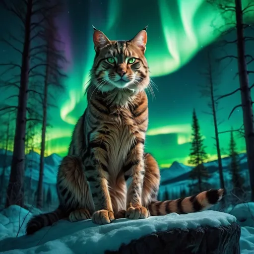 Prompt: wild cat warrior siting in hyper realistic fantasy forest future seen with northern lights above the wild cat warrior 