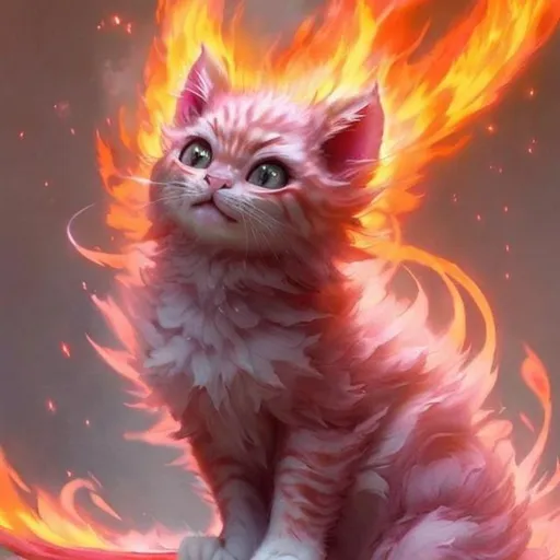 Prompt: very Cute, pink, fluffy, fire kitten, possessing the element of fire and making circles of fire move around in the air in a magical way. Perfect features, extremely detailed, realistic. Krenz Cushart + loish +gaston bussiere +craig mullins, j. c. leyendecker +Artgerm.