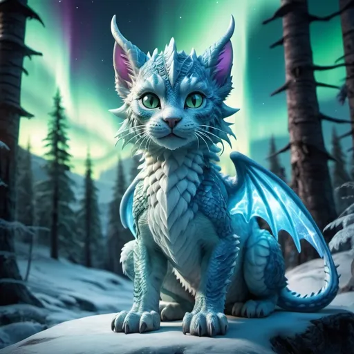 Prompt: wild cat dragon warrior ice element siting in hyper realistic fantasy forest future seen with northern lights above the wild cat warrior the wild cat dragon has two dragon wings cute detailed