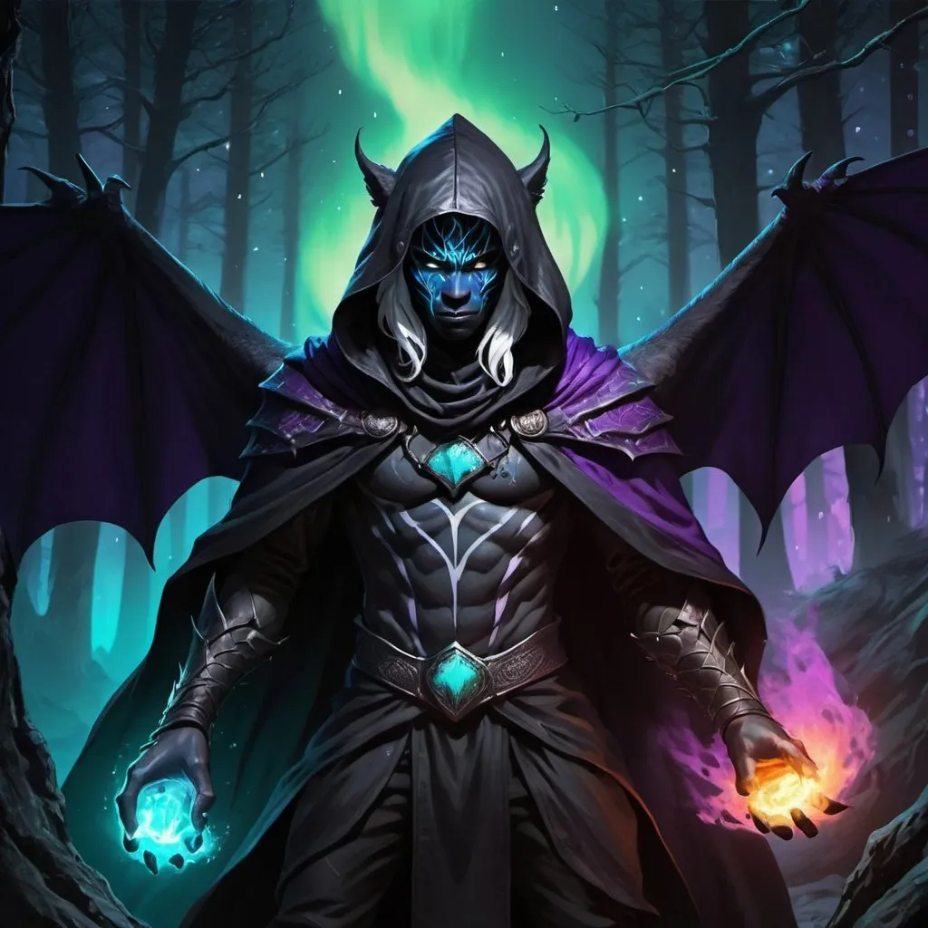 Prompt: A former drow slave turned shadow sorcerer. The young boy has obsidian black skin and marble white hair. He wears a tattered black cloak, leather armor and a hood to cover his face. His power manifests as liquid purple and cyan flames that hover around him. The shadows around him shift and change showing anger despite his emotionless face. Vector Style, Color Enhance, High contrast wild cat dragon waring a black cloak warrior siting in hyper realistic fantasy forest future seen with northern lights above the wild cat waring a cloak warrior the wild cat dragon has two dragon wings cute detailed

