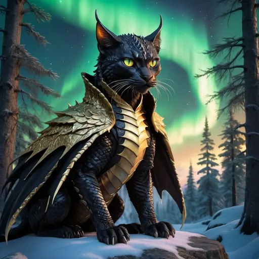 Prompt: wild cat dragon waring black armor and has scales warrior siting in hyper realistic fantasy forest future seen with northern lights above the wild cat waring a cloak warrior the wild cat dragon has two dragon wings cute detailed glowing gold eyes
