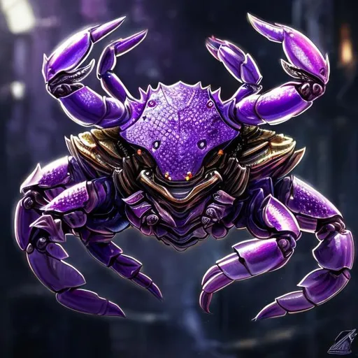 Prompt: Purple crab wearing diamond armor, holding a shotgun, detailed exoskeleton, intense and focused gaze, high-tech weaponry, fantasy, vibrant purple hues, shiny diamond armor, detailed eyes, shotgun, detailed shadows and highlights, highres, ultra-detailed, fantasy, vibrant, intense lighting