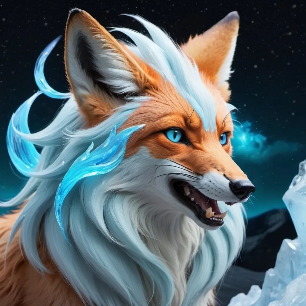 Prompt: {alolan Ninetales}, growling, fox, maned wolf, kitsune, fire element, detailed artwork, portrait, glistening ice blue fur, 8k, detailed background, auroras, brilliant night sky, mischievous, thick billowing mane, hyper realism, realistic, hyper realistic
