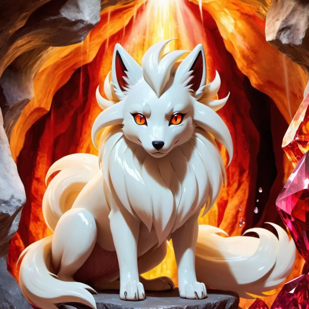 Prompt: portrait of a beautiful Ninetales, with glistening gold fur and deep crimson eyes, in a crystal cave with a crystal waterfall in the background, gorgeous, warm, stunning, pokemon Ninetales, fire fox
