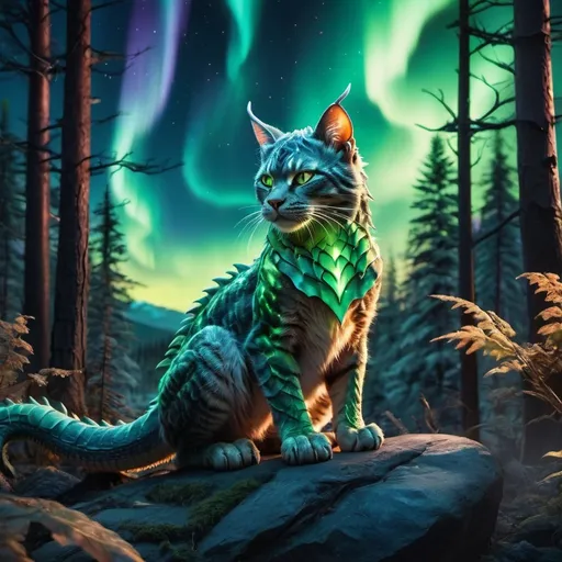 Prompt: wild cat dragon warrior siting in hyper realistic fantasy forest future seen with northern lights above the wild cat warrior wild cat dragon warrior fire element siting in hyper realistic fantasy forest future seen with northern lights above the wild cat warrior the wild fire element cat dragon has two dragon wings cute detailed
