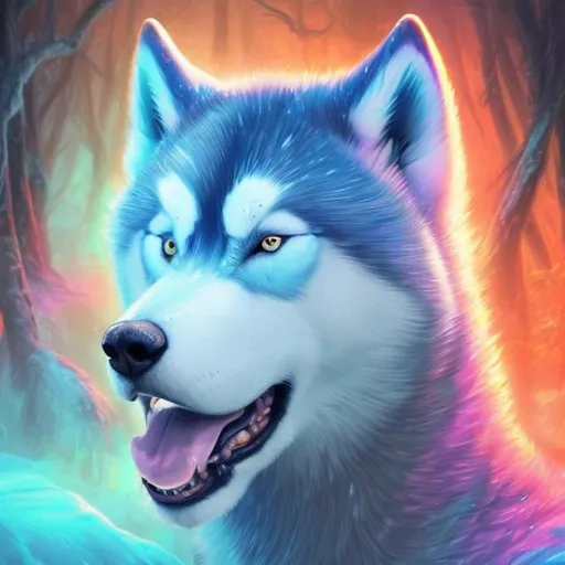 Prompt: Magical ice husky dog, digital painting, vibrant and fiery colors, mystical forest setting, intense and powerful gaze, translucent fiery fur, mystical, high quality, detailed, fantasy, ethereal, fiery, magical, vibrant colors, mystical forest, intense gaze, digital painting, powerful, translucent fur, professional, atmospheric lighting