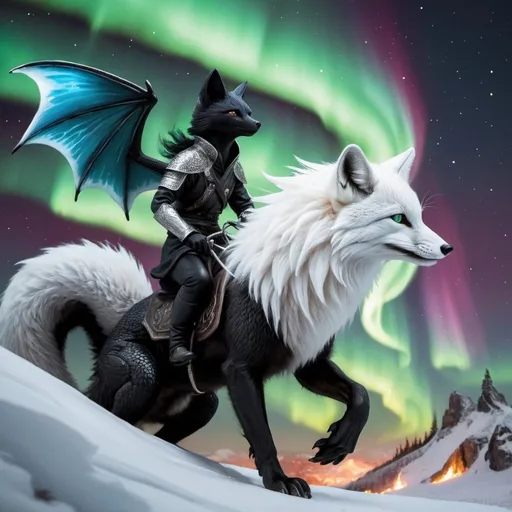 Prompt: black and white fox riding a fire dragon with some fire and northern lights detailed hyper realistic the black and white fox and the dragon are in the sky the fire dragon has wings and a dragon tail make sure it has two dragon wings and one tail the black and white fox is riding the dragon there should be no blue green or purple. northern lights in the sky
