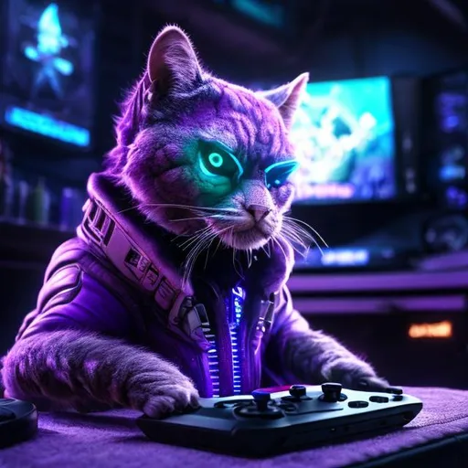 Prompt: Detailed, highres, ultra-detailed, purple cat playing video games, futuristic cyberpunk setting, neon lights reflecting on fur, intense focus, cool-toned, futuristic, video game console, professional lighting