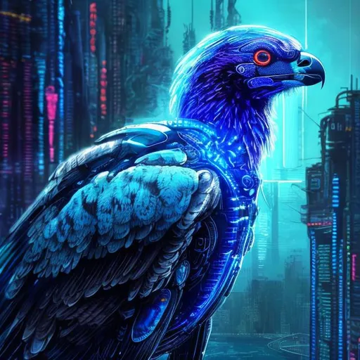 Prompt: Highres, ultra-detailed, sci-fi illustration of a majestic black falcon with intricate blue markings, futuristic cybernetic enhancements, intense and vibrant blue head feathers, sleek and aerodynamic design, glowing blue accents, intricate mechanical wings, dynamic and futuristic setting, neon-lit cyberpunk skyline, detailed plumage with futuristic textures, intense and focused gaze, professional, atmospheric lighting, cyberpunk, futuristic, detailed feathers, majestic design, vibrant blue highlights