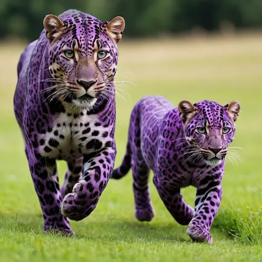 Prompt: a dark purple leopard and a purple leopard with valet spots running on grass 